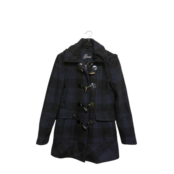 GUESS Wool Blend Pea Coat W/Hood Zipper & Button Closures Military Black Medium - Picture 1 of 16